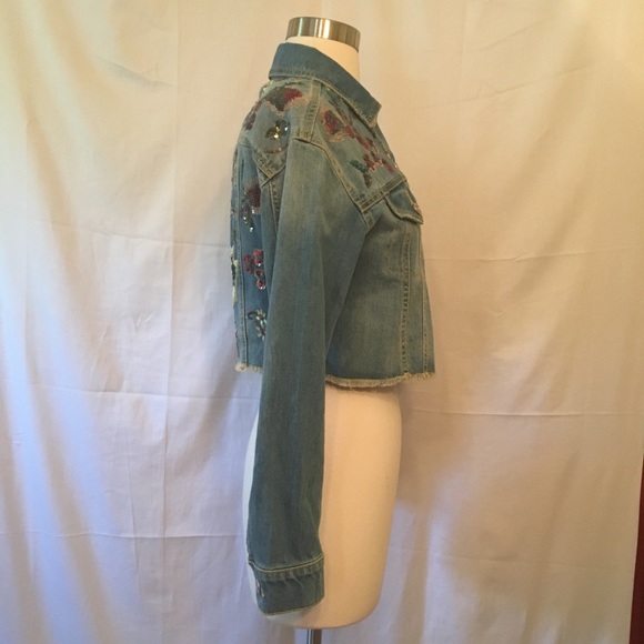 Zara Floral Sequin Cropped Denim Jean Jacket XS - Picture 6 of 8